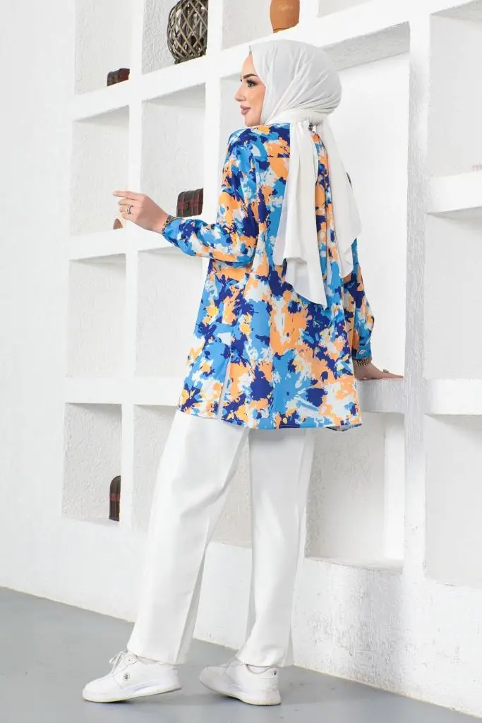 8890 Desenli Tesettür Gömlek Saks Mavisi-detail