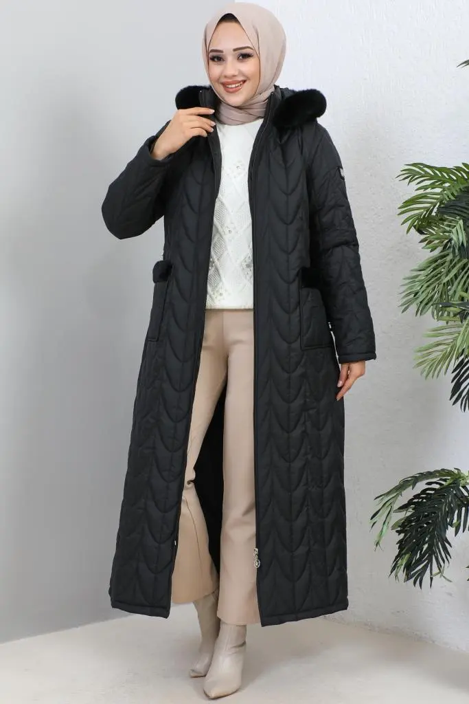 9107 Kapitone Kışlık Kaban Siyah-detail