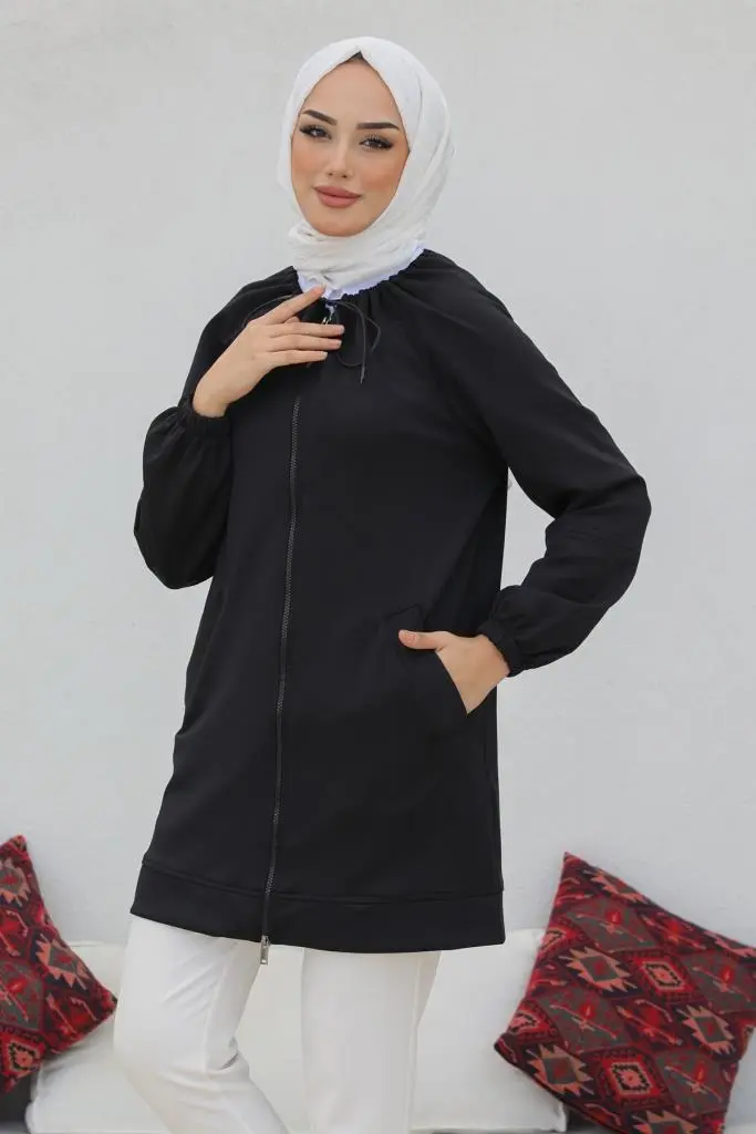 Black Zippered Scuba Hijab Cardigan-detail