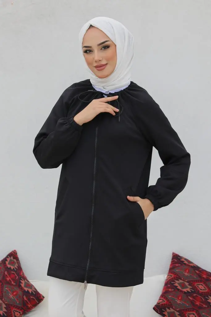 Black Zippered Scuba Hijab Cardigan-detail