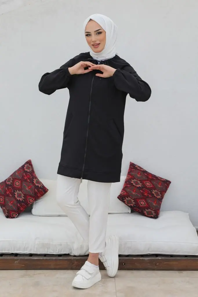 Black Zippered Scuba Hijab Cardigan-detail