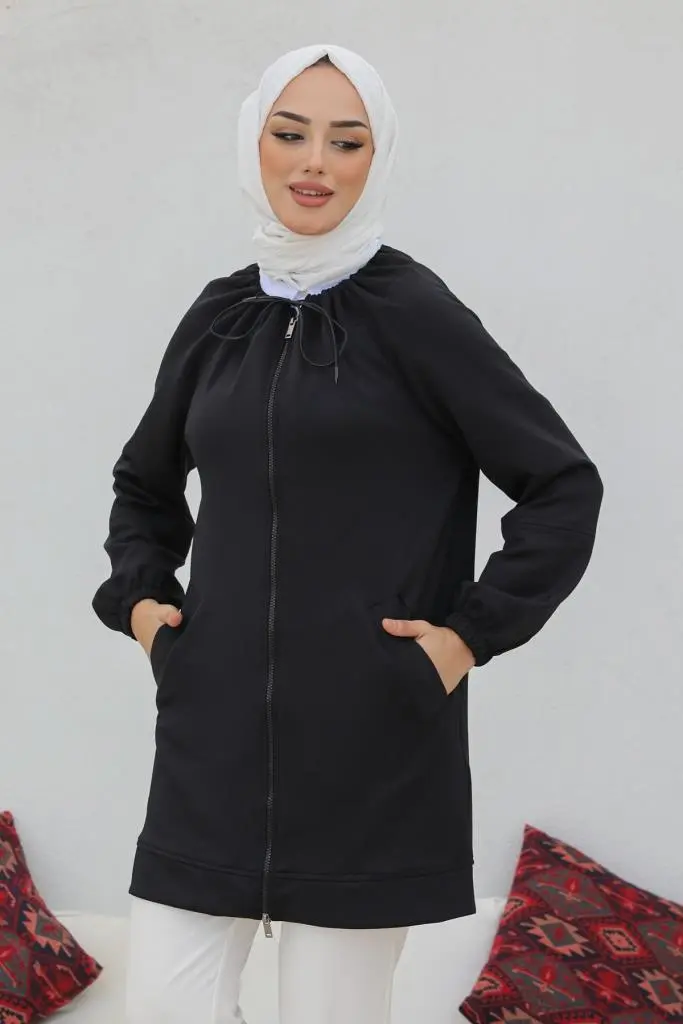 Black Zippered Scuba Hijab Cardigan-detail