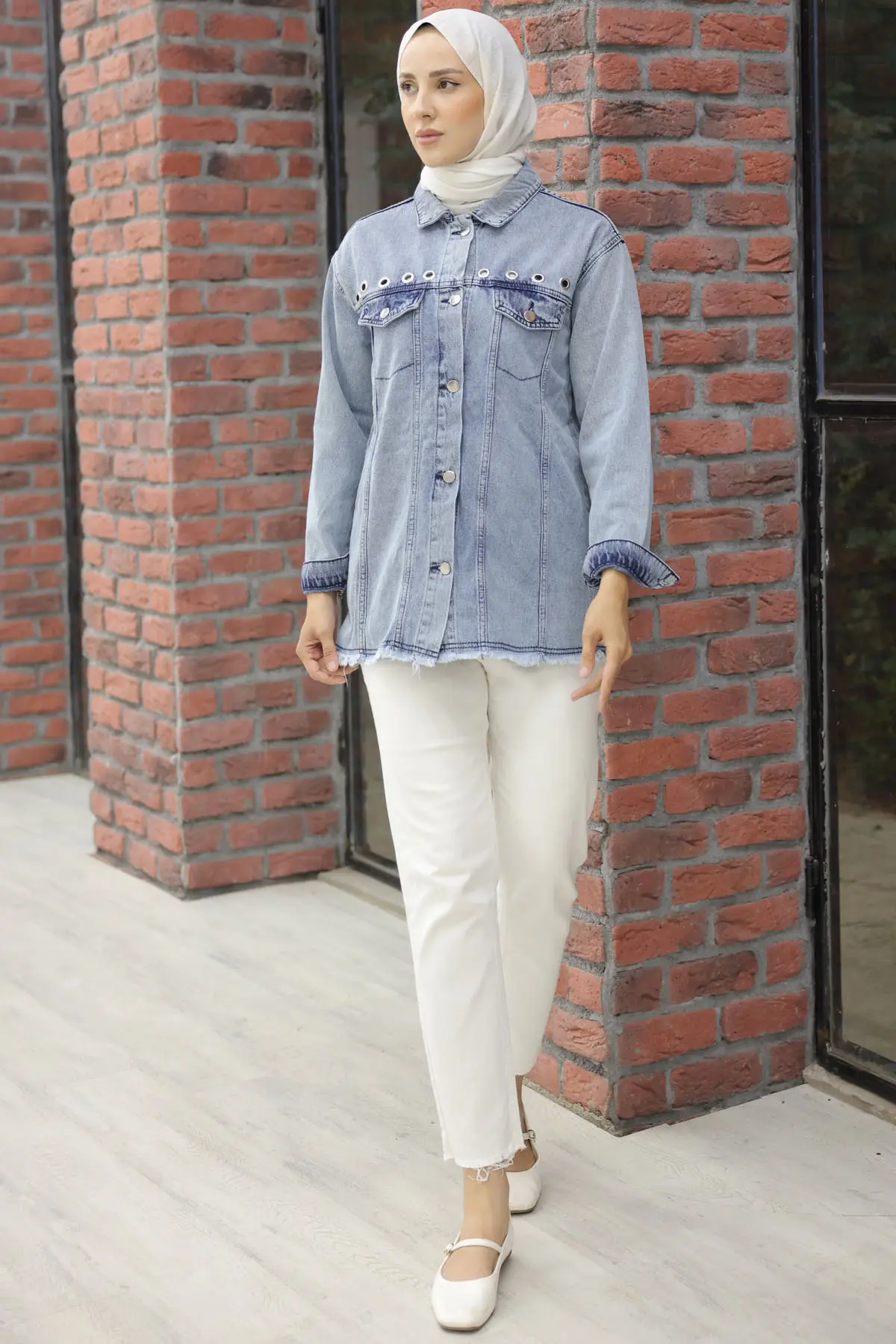 9744 Kuş Gözlü Kot Ceket Mavi-detail