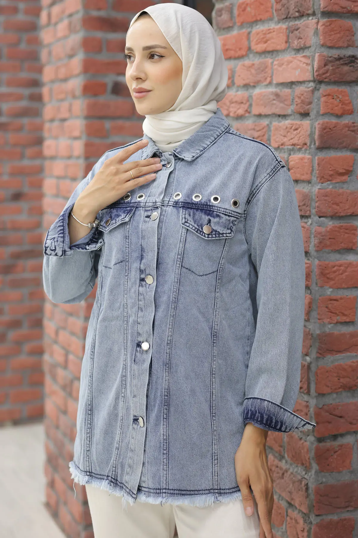 9744 Kuş Gözlü Kot Ceket Mavi-detail