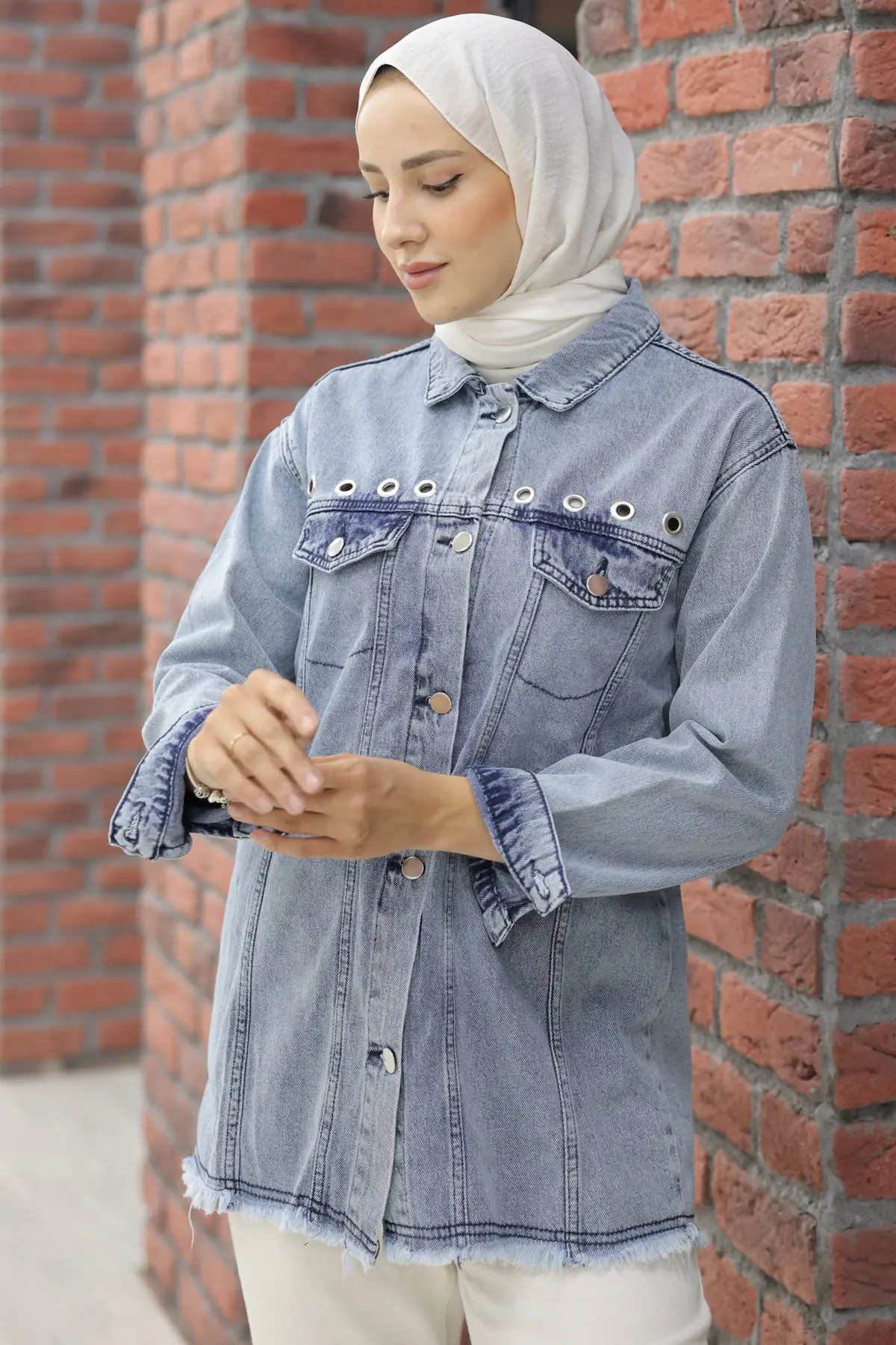 9744 Kuş Gözlü Kot Ceket Mavi-detail