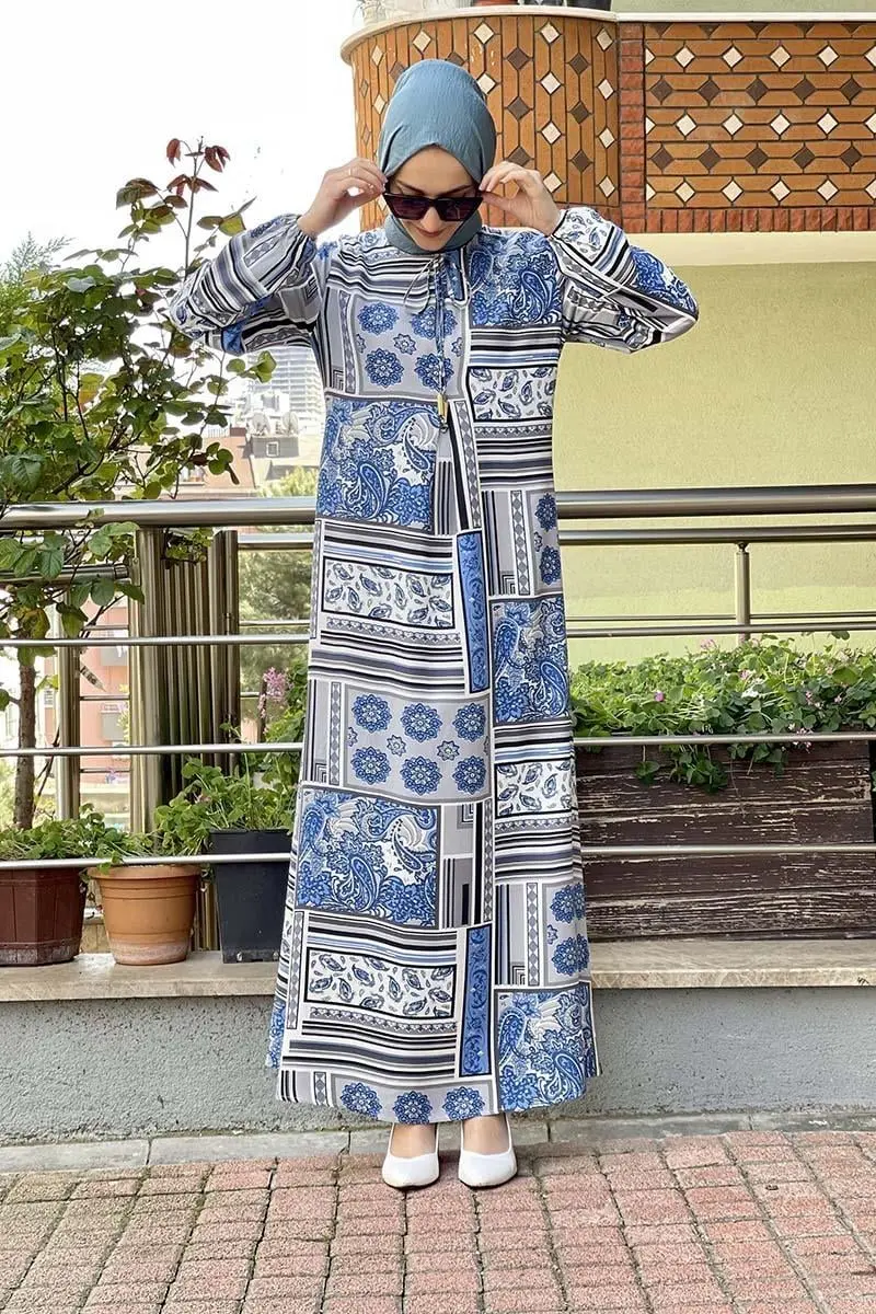 A Pileli Desenli Elbise Indigo-detail