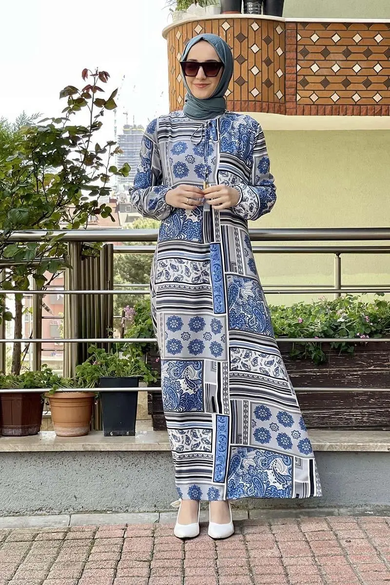 A Pileli Desenli Elbise Indigo-detail