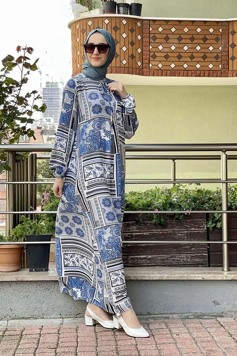 A Pileli Desenli Elbise Indigo-detail