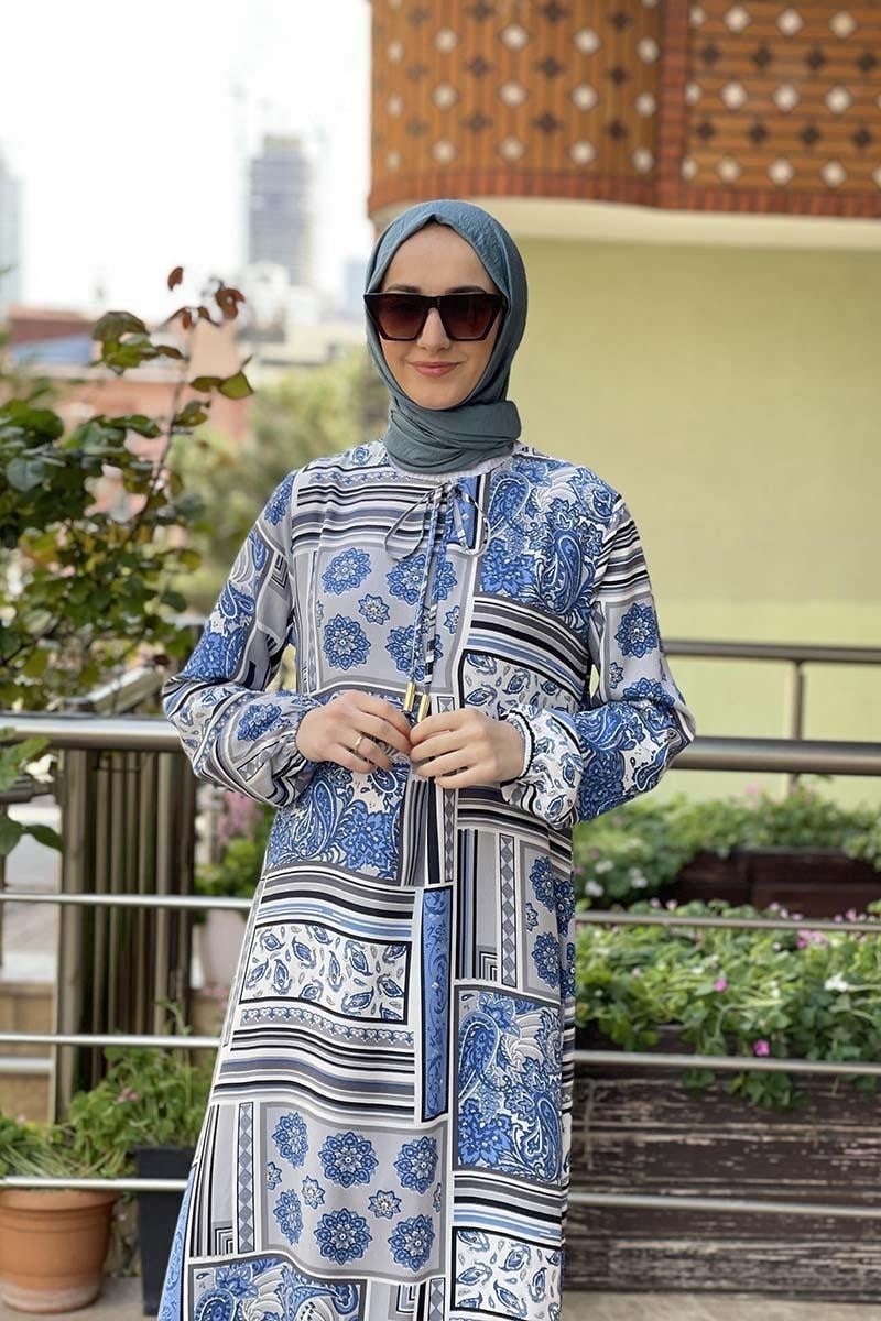 A Pileli Desenli Elbise Indigo