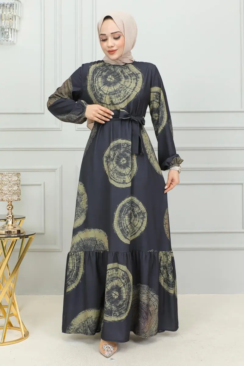 Aerobin Desenli Elbise Haki-detail