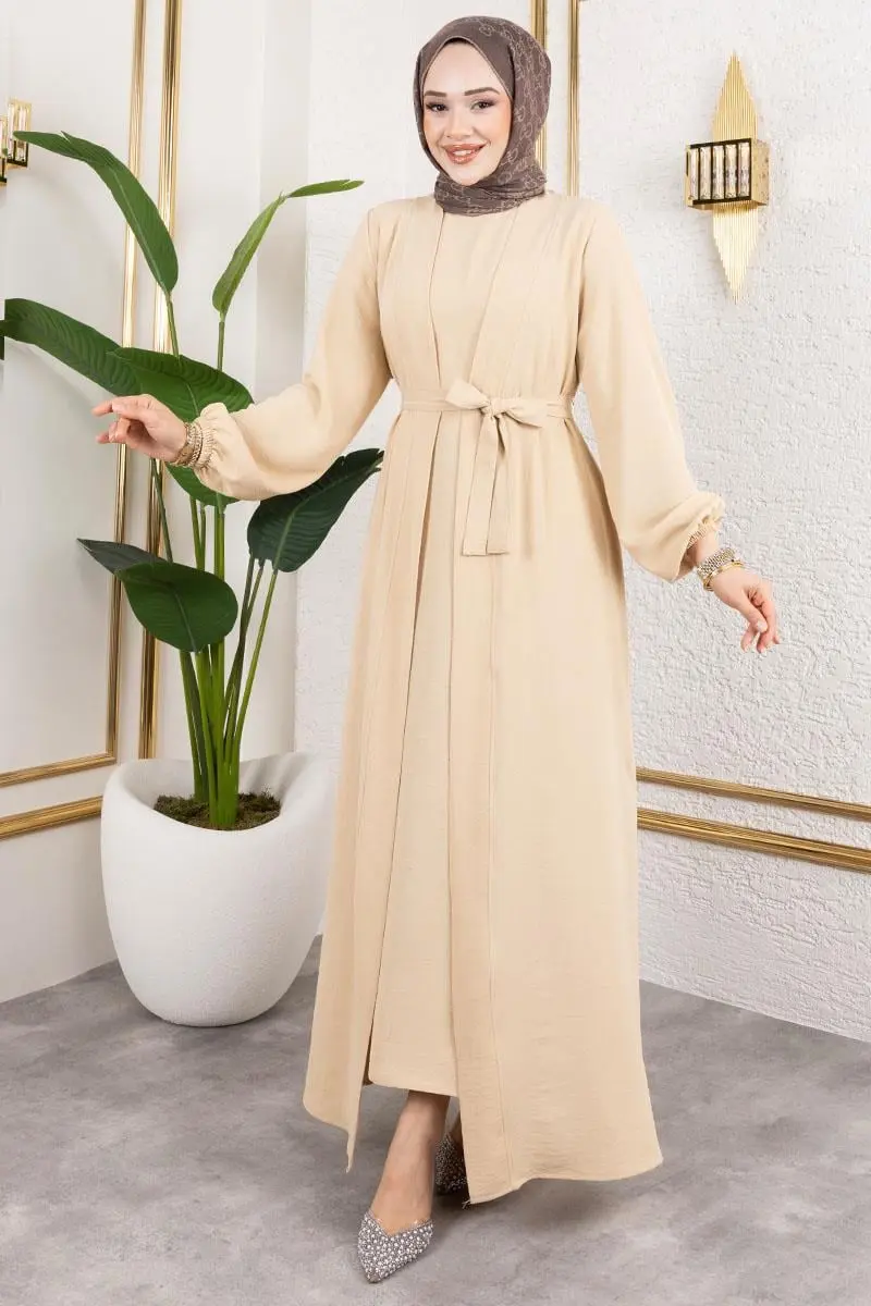 Asil Abaya Takım Bej-detail