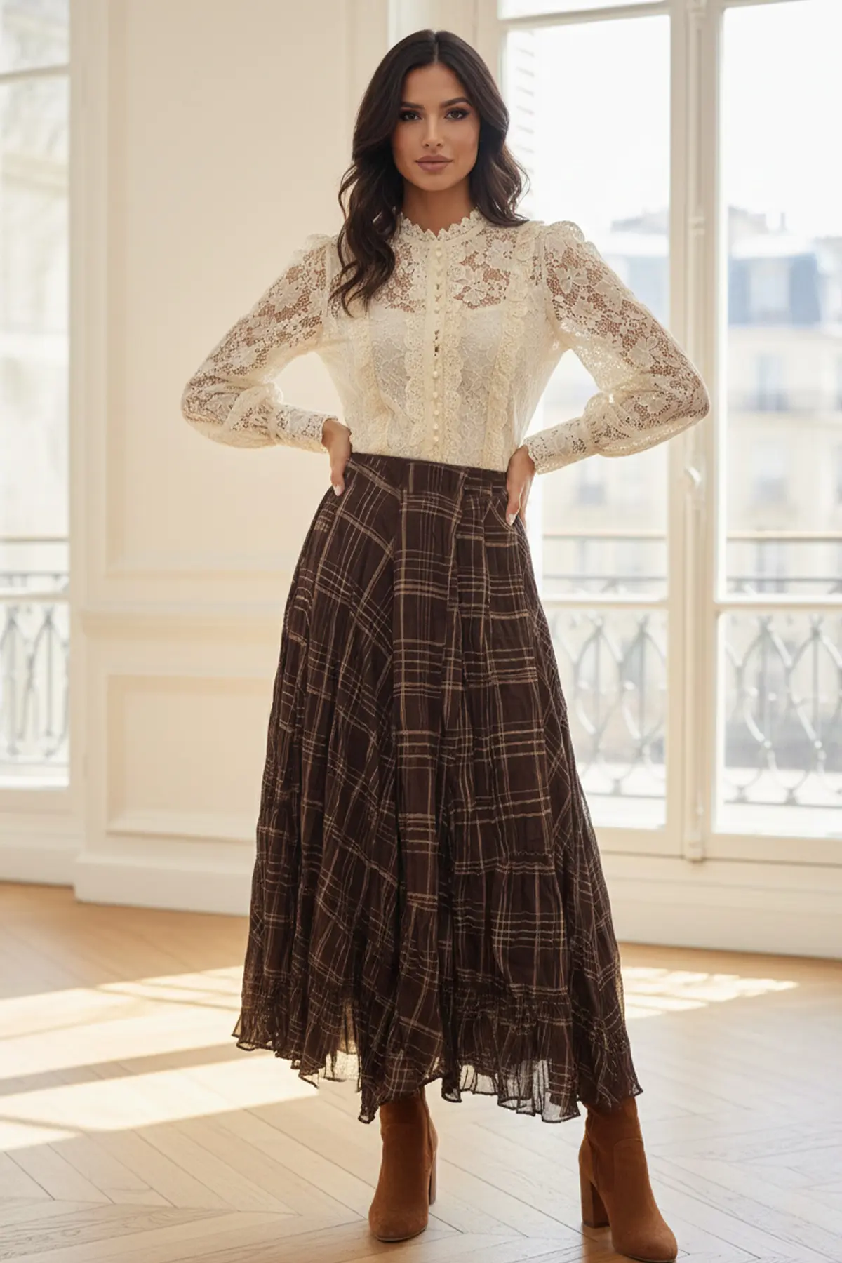 Asymmetrical Cut Plaid Pattern Chiffon Skirt-detail