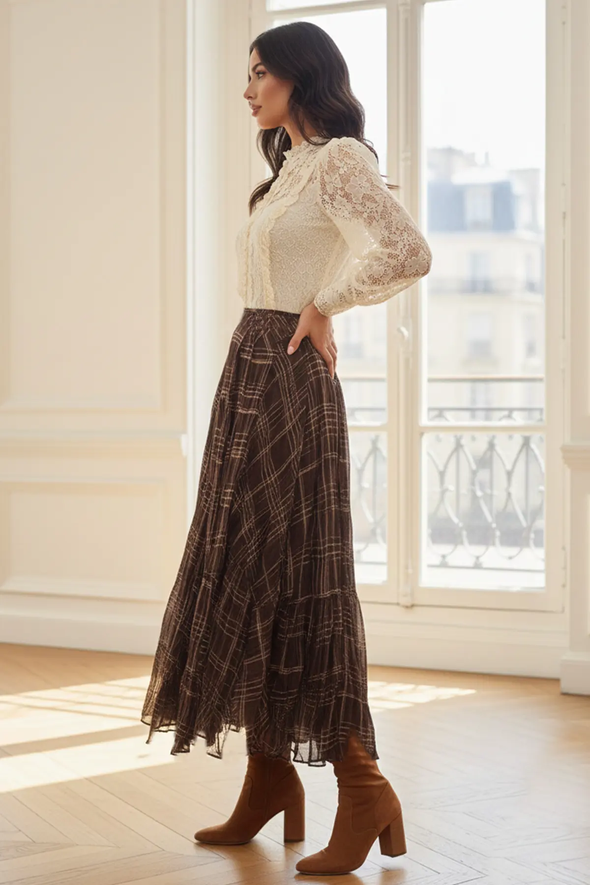 Asymmetrical Cut Plaid Pattern Chiffon Skirt-detail
