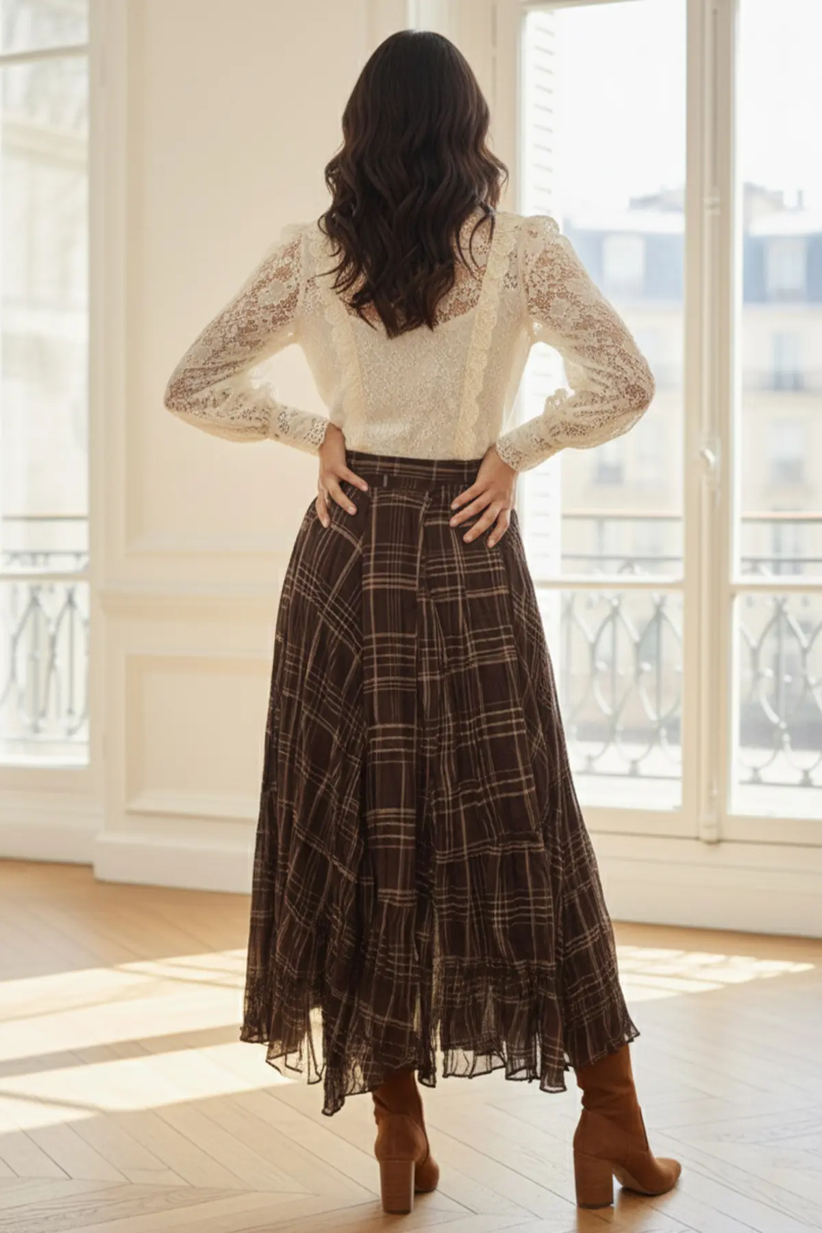 Asymmetrical Cut Plaid Pattern Chiffon Skirt-detail
