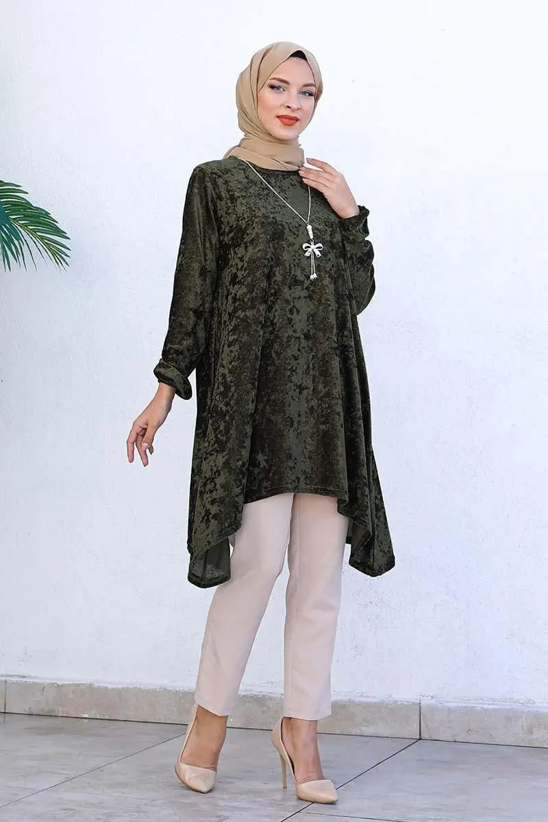 Asimetrik Model Kadife Tunik Haki-detail