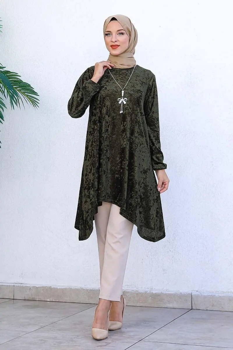 Asimetrik Model Kadife Tunik Haki-detail