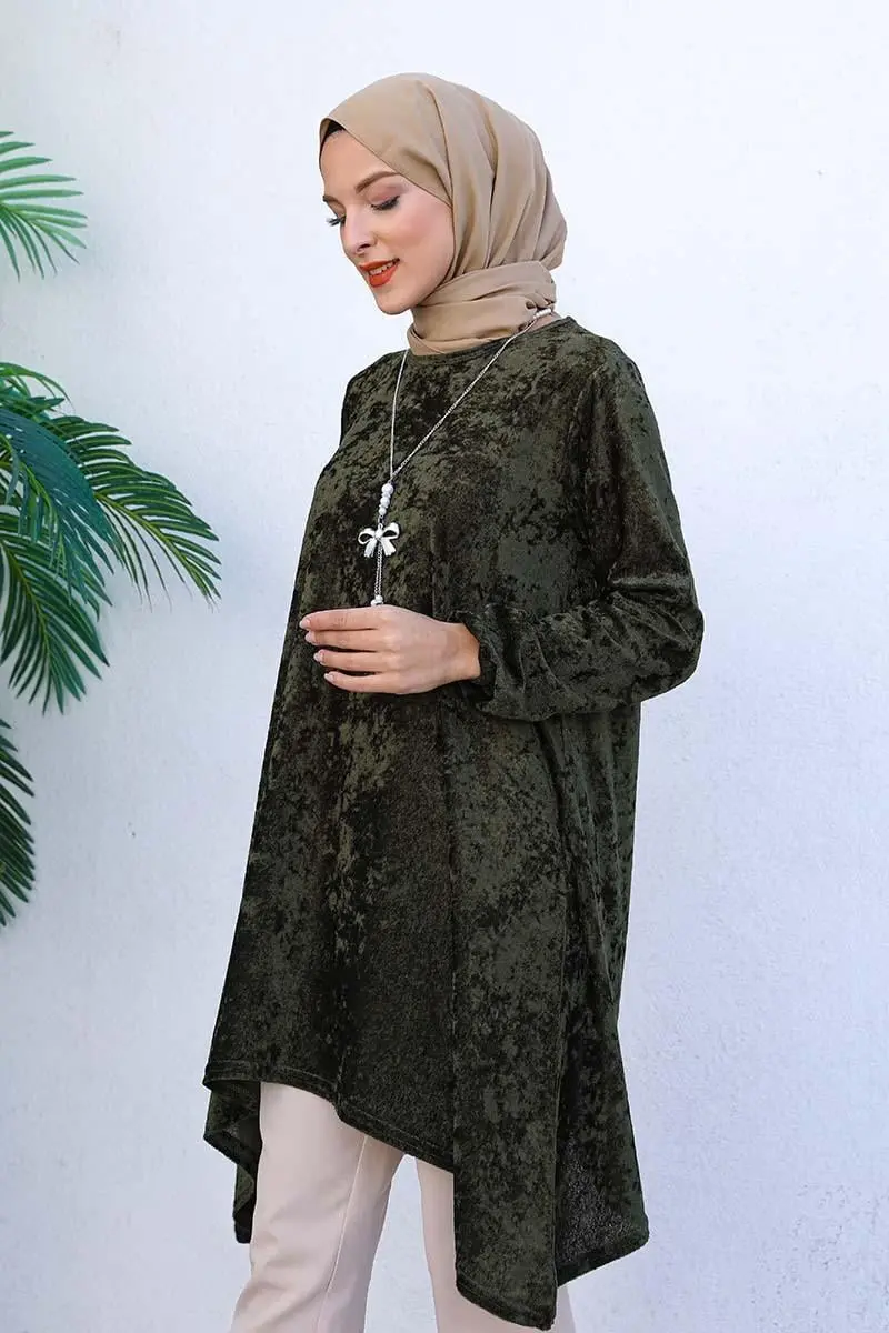 Asimetrik Model Kadife Tunik Haki-detail