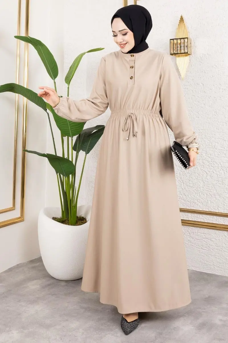 Bade Büzgülü Elbise Bej-detail