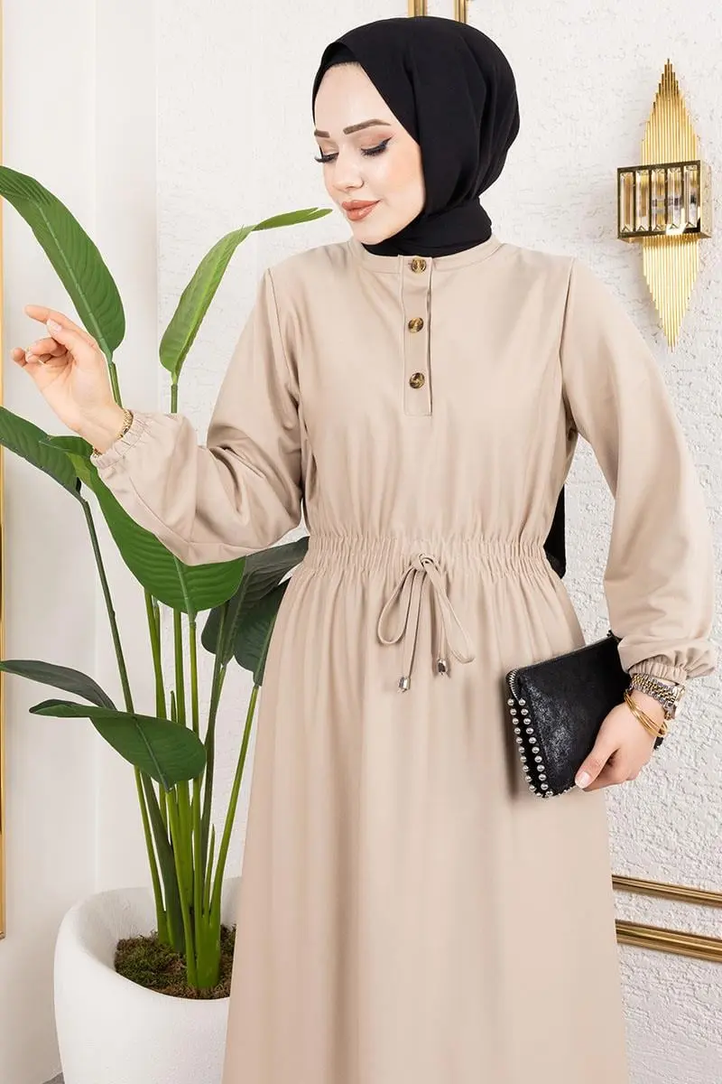 Bade Büzgülü Elbise Bej-detail