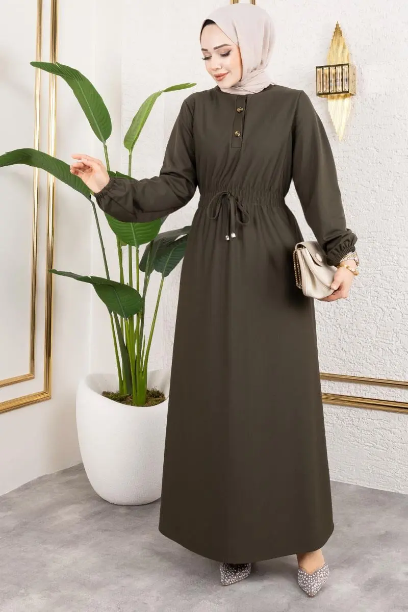 Bade Büzgülü Elbise Haki-detail