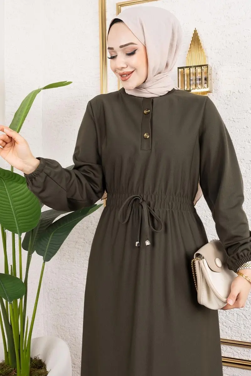 Bade Büzgülü Elbise Haki-detail