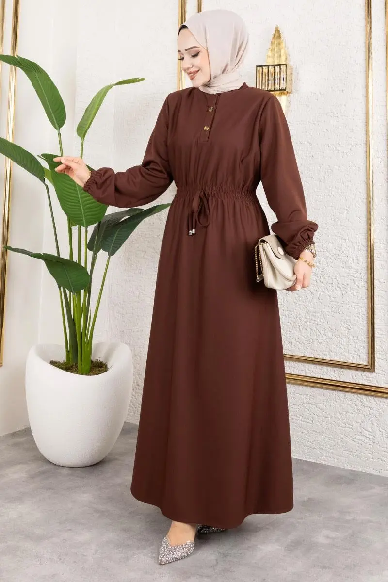 Bade Büzgülü Elbise Kahverengi-detail
