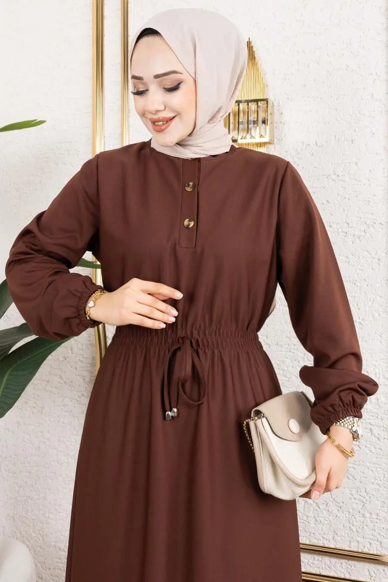 Bade Büzgülü Elbise Kahverengi-detail