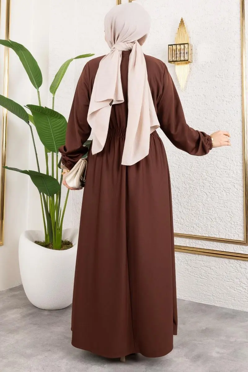 Bade Büzgülü Elbise Kahverengi-detail