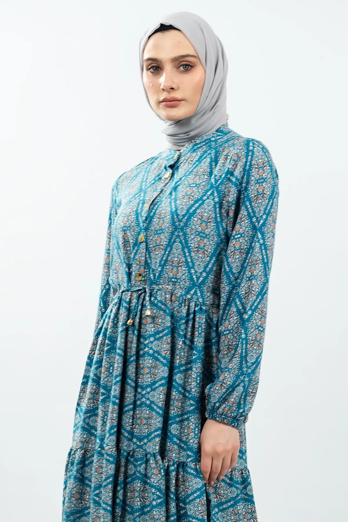 Bağcıklı Desenli Viskon Elbise Yeşil-detail