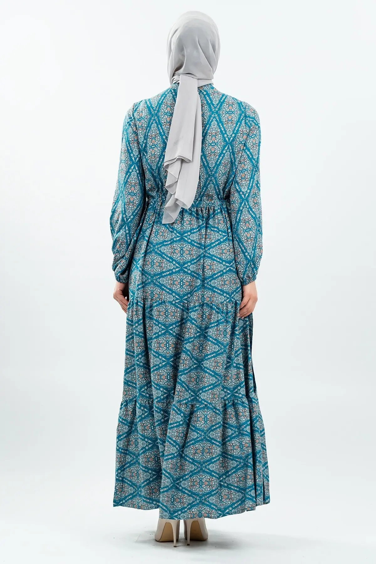 Bağcıklı Desenli Viskon Elbise Yeşil-detail