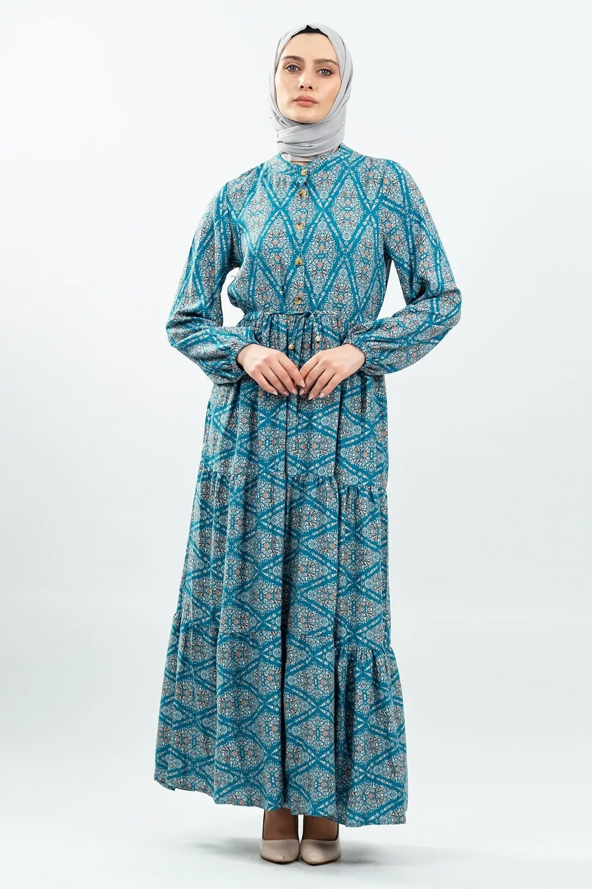 Bağcıklı Desenli Viskon Elbise Yeşil-detail