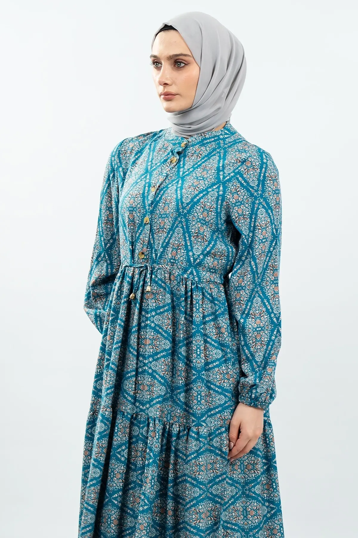 Bağcıklı Desenli Viskon Elbise Yeşil-detail