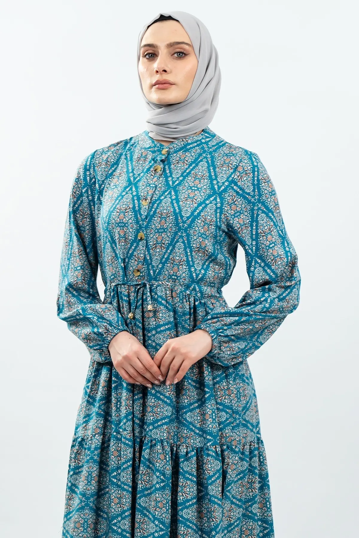 Bağcıklı Desenli Viskon Elbise Yeşil-detail