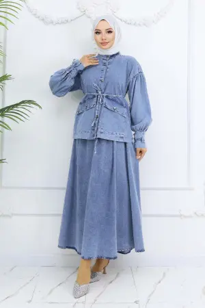 Bağcıklı Kot Etekli Takım Mavi 6090