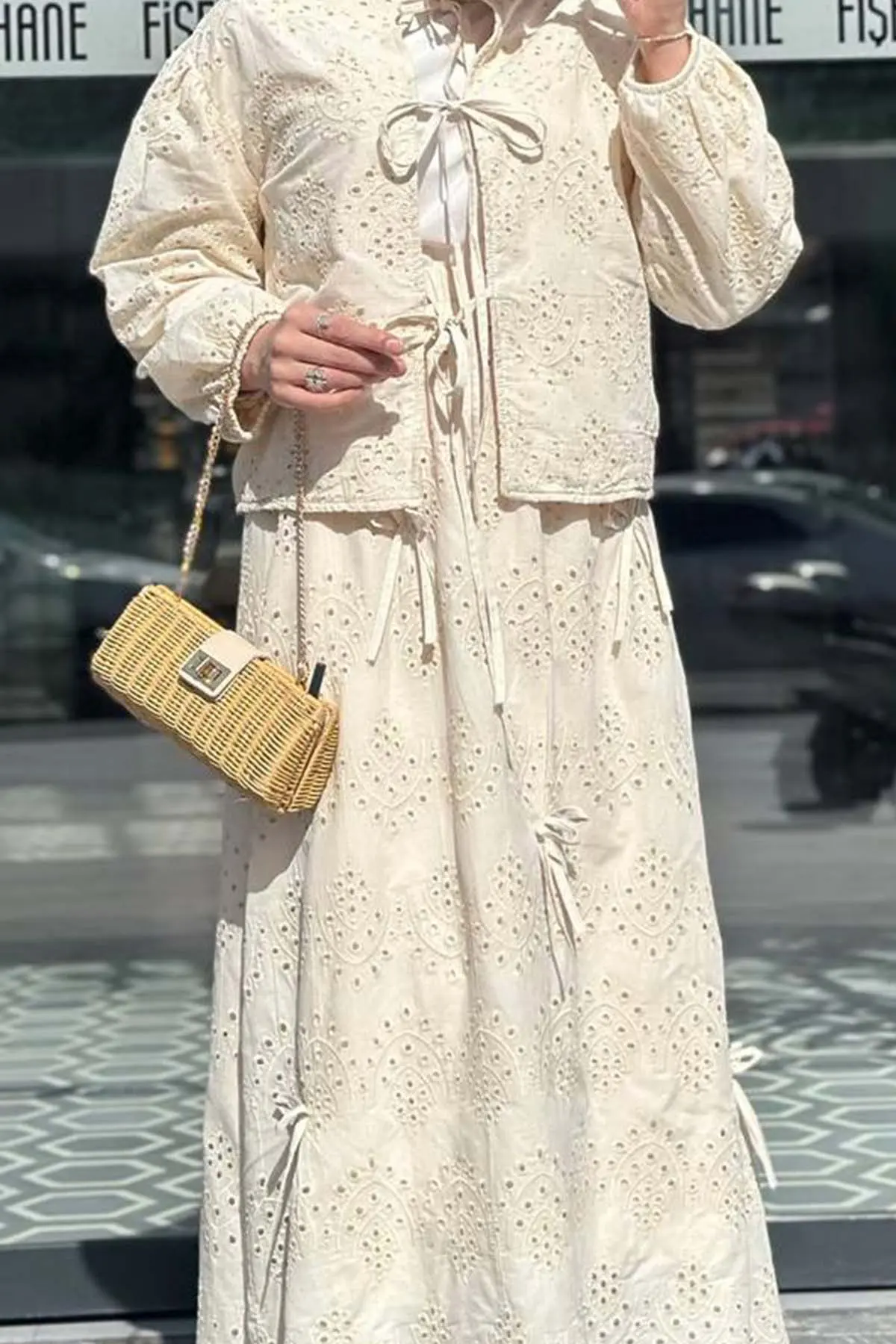 Tied Embroidered Stone Detailed Skirted Suit-detail