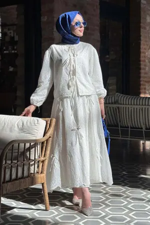 Tied Embroidered Stone Detailed Skirted Suit