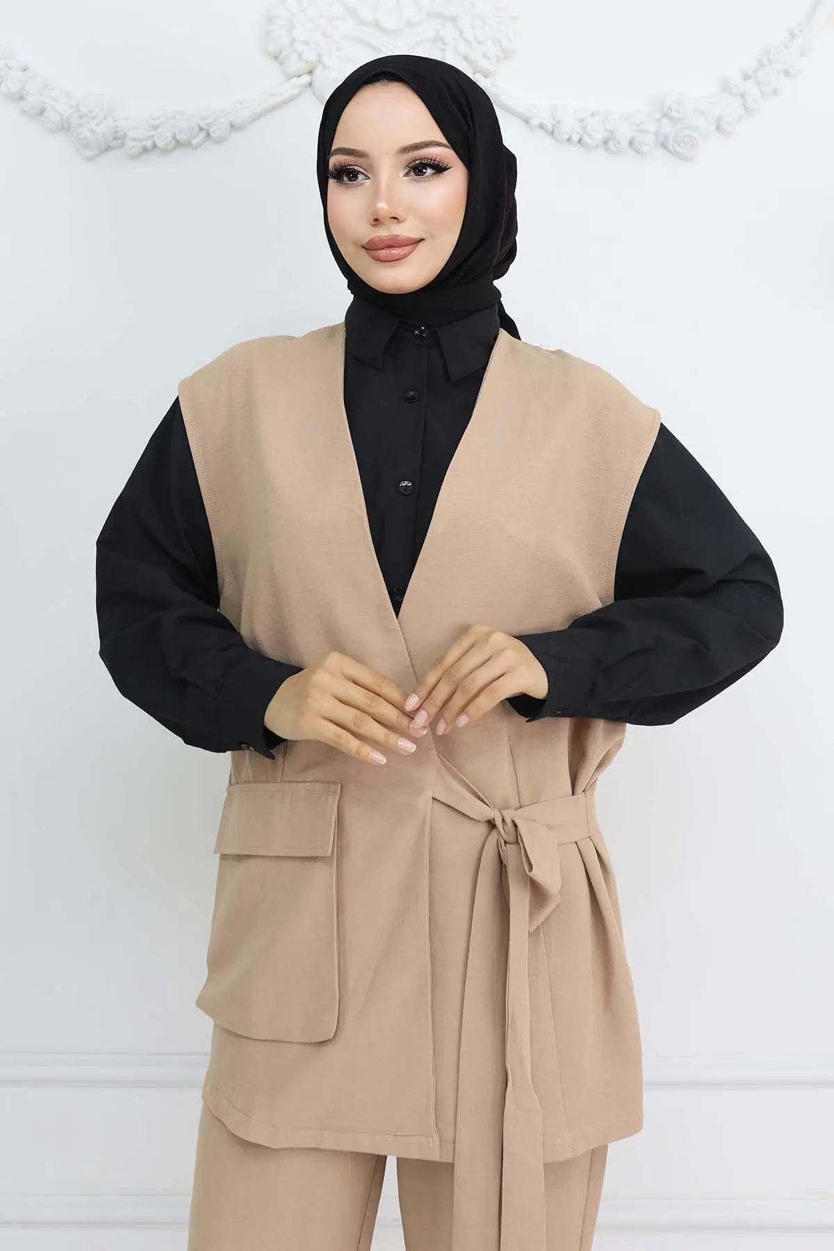Bağlamalı Yelek Pantolon Takım Bej 2243-detail