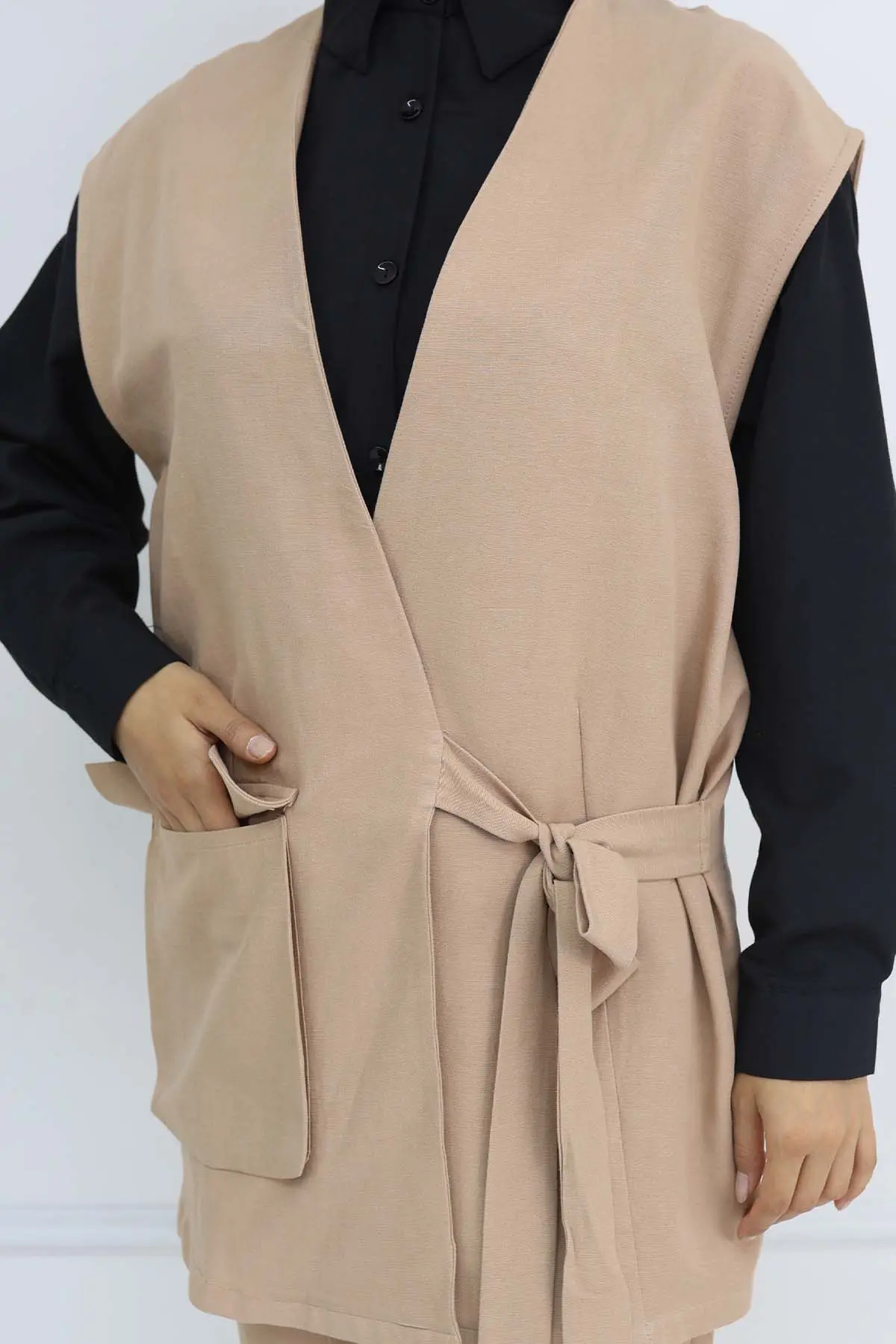 Bağlamalı Yelek Pantolon Takım Bej 2243-detail