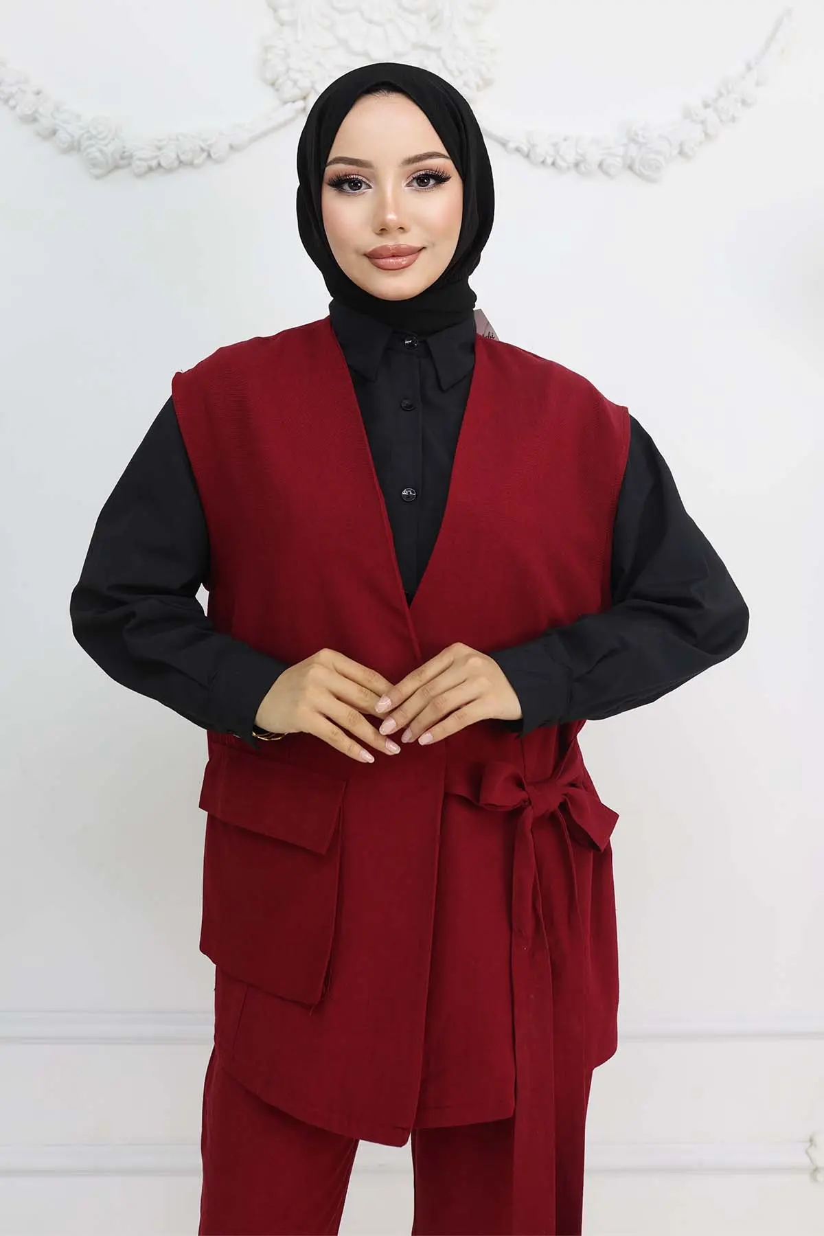 Bağlamalı Yelek Pantolon Takım Bordo 2243-detail