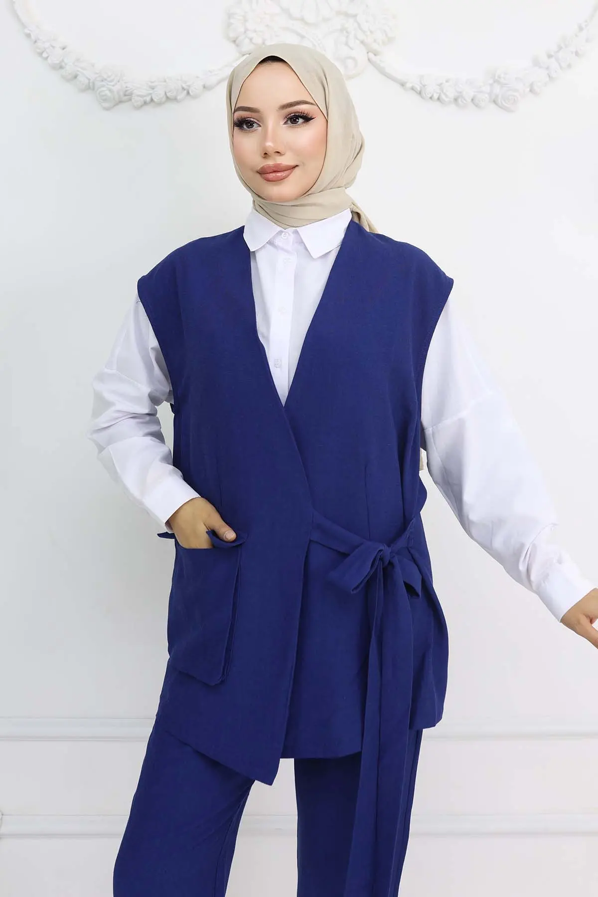 Bağlamalı Yelek Pantolon Takım Lacivert 2243-detail