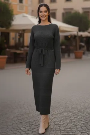 Baklava Desenli Fileli Triko Elbise