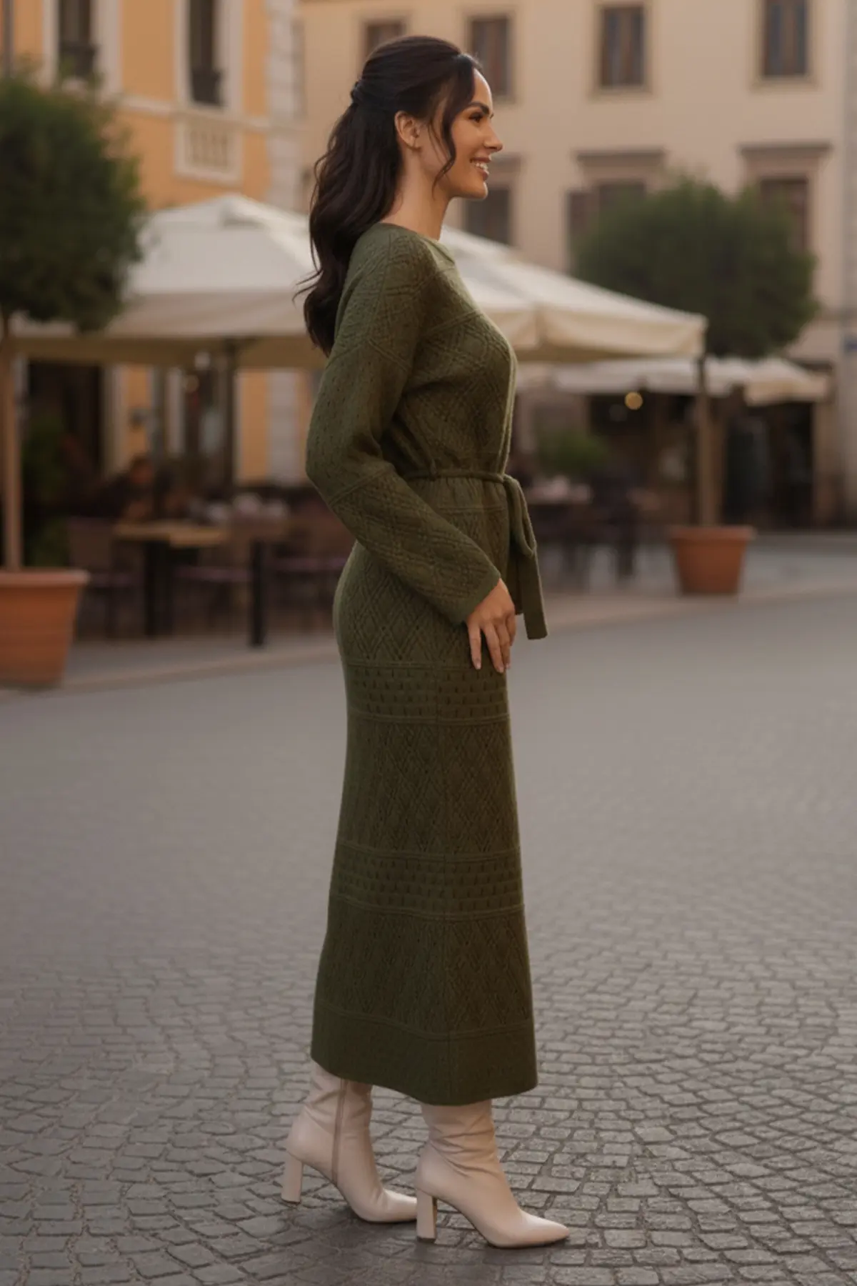 Baklava Desenli Fileli Triko Elbise-detail