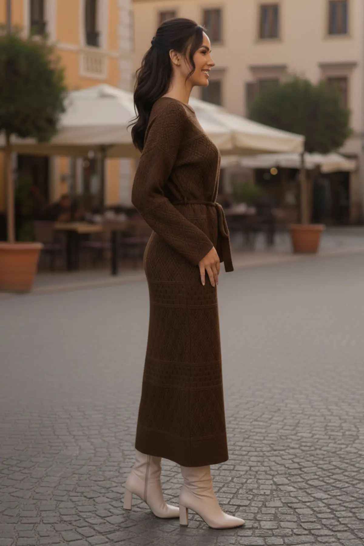 Baklava Desenli Fileli Triko Elbise-detail