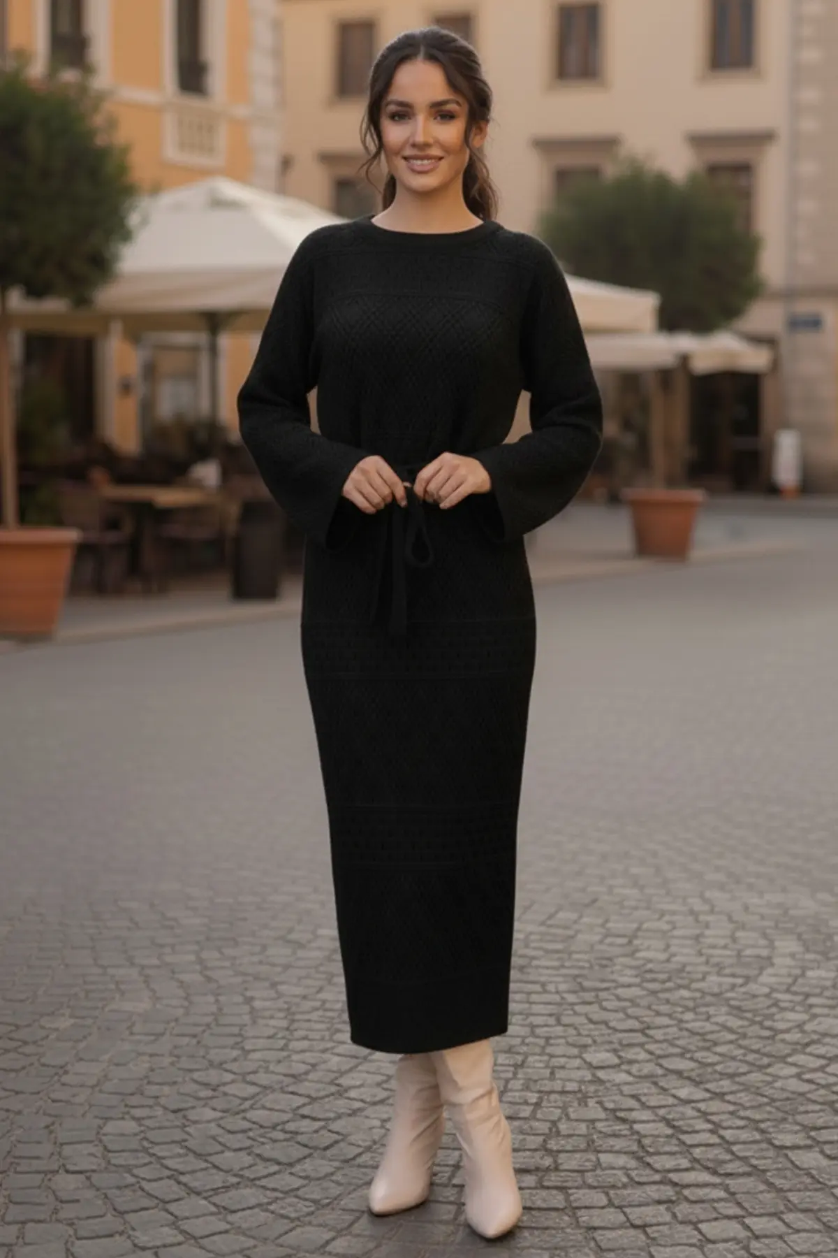 Baklava Desenli Fileli Triko Elbise-detail