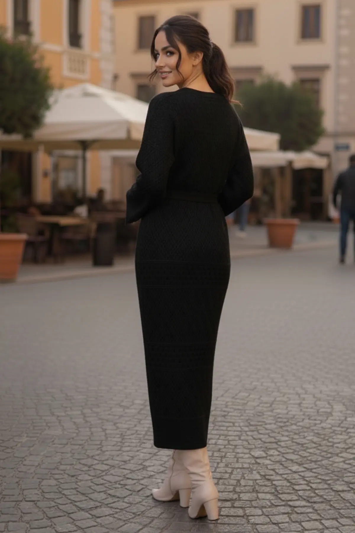 Baklava Desenli Fileli Triko Elbise-detail