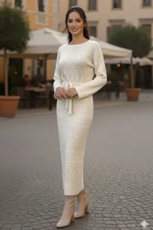 Baklava Desenli Fileli Triko Elbise