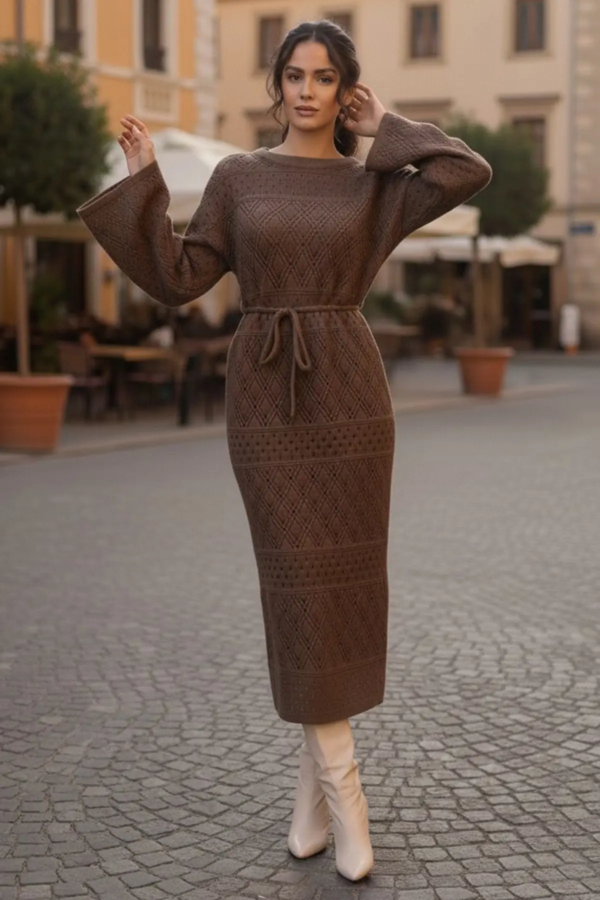 Baklava Desenli Fileli Triko Elbise