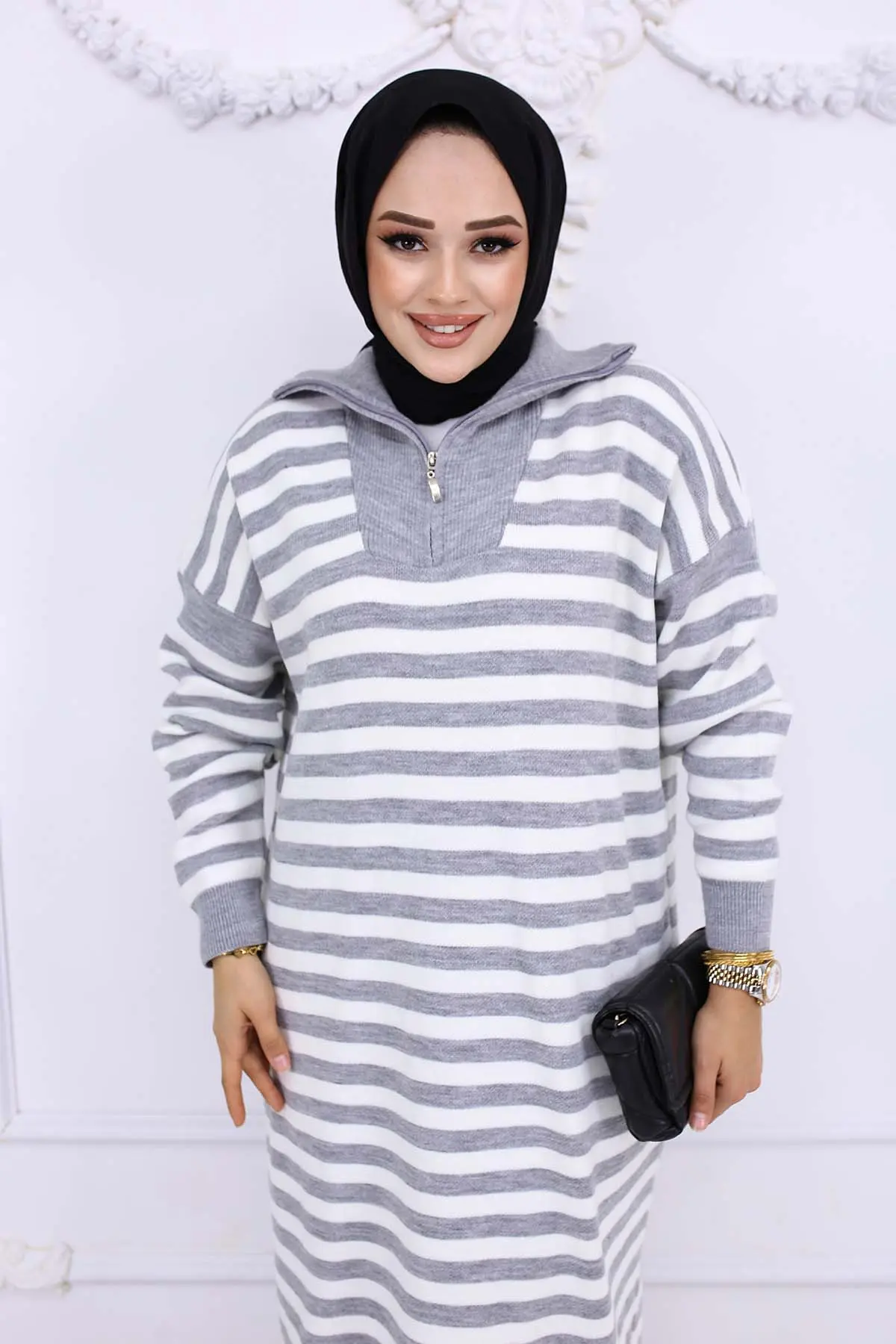 Turtleneck Striped Knitwear Dress-detail