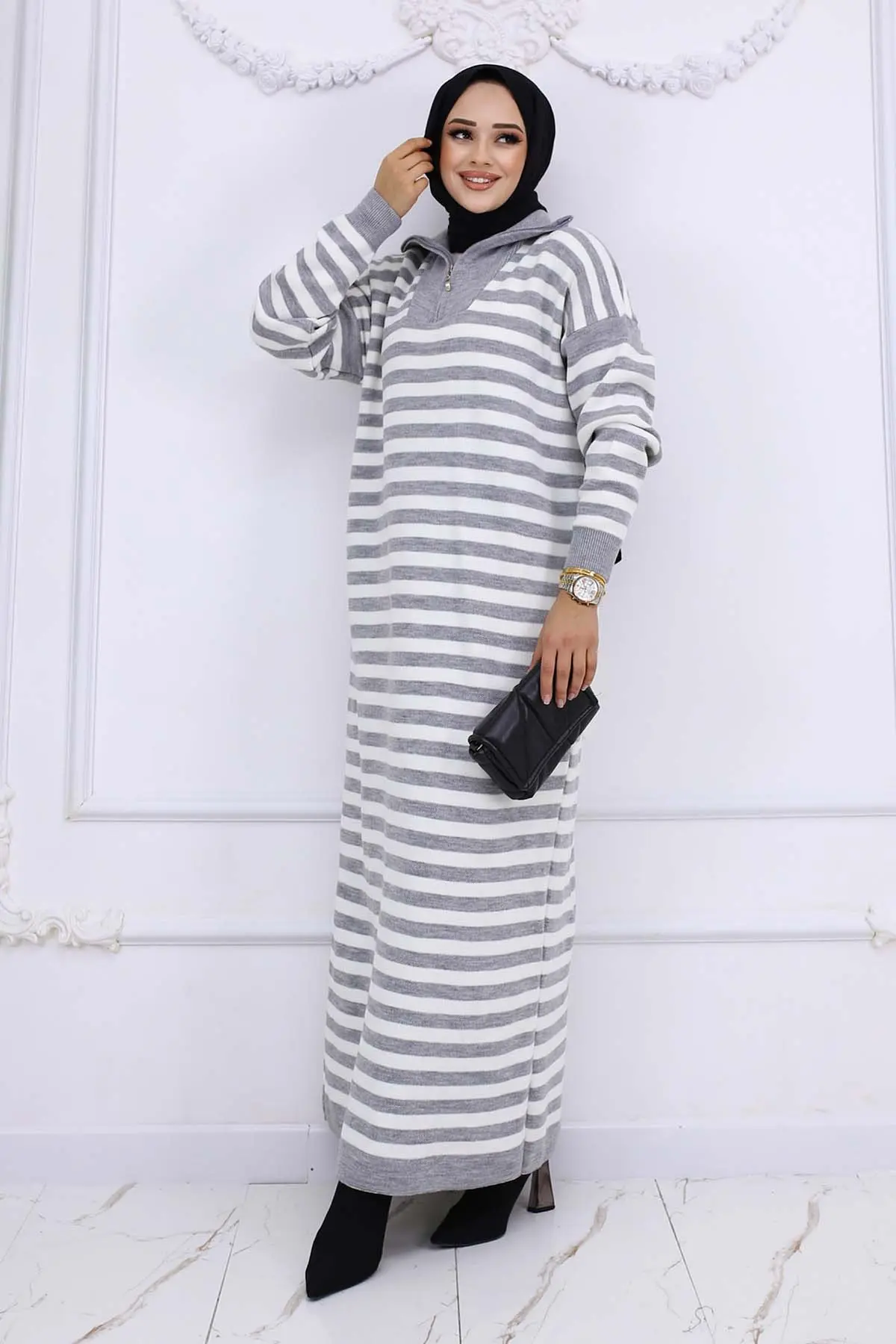 Turtleneck Striped Knitwear Dress-detail