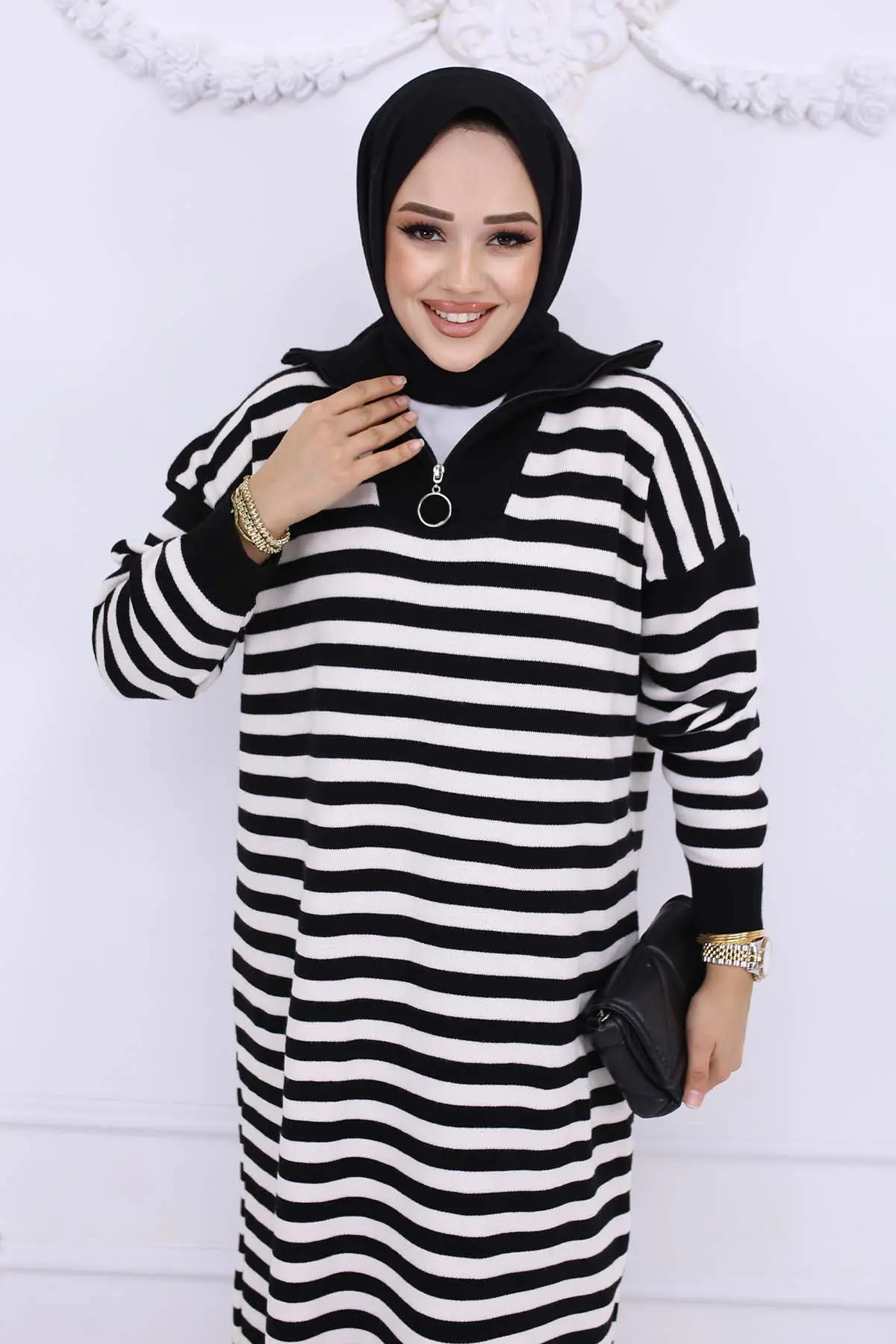 Turtleneck Striped Knitwear Dress-detail